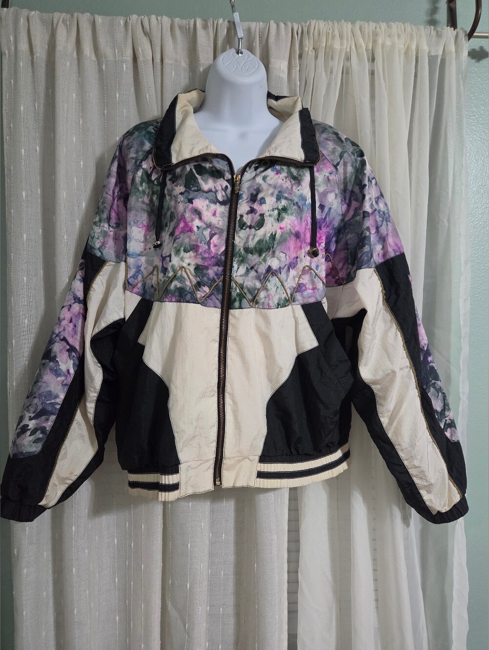 Vintage East West Floral Cream & Black Bomber Jacket with Watercolor Print